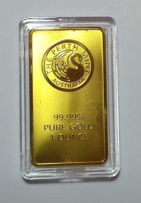 #ad 1 OZ GOLD BAR. PERTH MINT. FINISHED IN .999 FINE 24 KARET GOLD. AU $129.00
