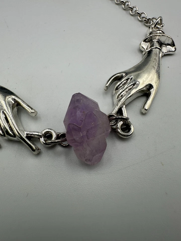 Collar de Mano Tono Plata Piedra Amatista Conexión Piedras Preciosas Crudas Boho 16.5" Foto 4 de 4