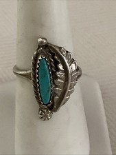 Native American Vintage Beautiful Sterling Silver Turquoise Leaf Ring Size 7