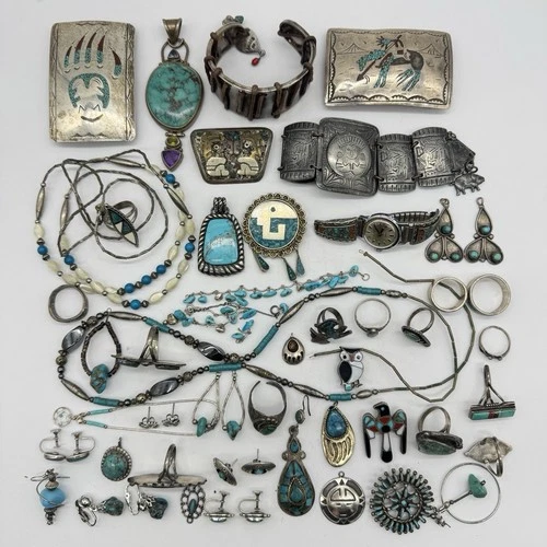 Vintage Navajo Sterling Silver Jewelry Lot: Pendants, Bracelets, Rings, 13 oz