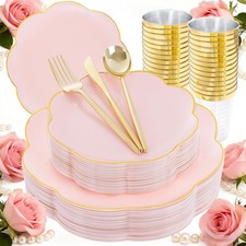 EI 180pcs Pink Plastic Plates with Gold Plastic Silverware,Party Plates Dispo...