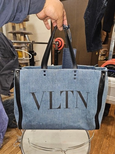 VALENTINO Garavani VLTN Logo Denim Tote Bag Blue Studded Handles 1 Stud Missing