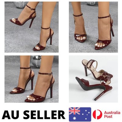 Wine Red Patent Ankle Strap Stiletto Heels Open Toe Bridal Party  - AU Stock