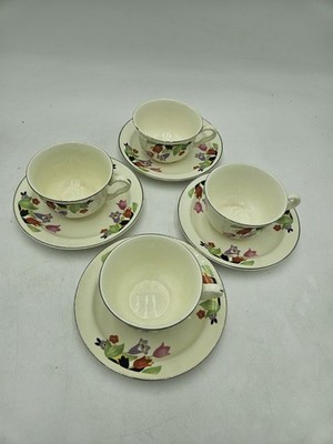 Hall China Crocus Cups and Saucers Vintage 1930s 4 Sets 8 Pcs Floral Cottage MCM