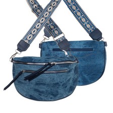 Damen Umhängetasche Bauchtasche Crossbody Bag in Jeans Optik Blau breiter Riemen