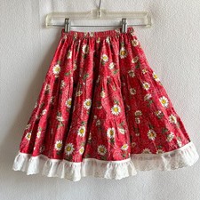 Girl's Red Daisy Print Ruffled Cotton Dance Skirt 18-30" Waist