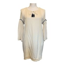 Romeo & Juliet Couture Dress Boho Beach Cream Navy Blue Size Small V-Neck Tassel