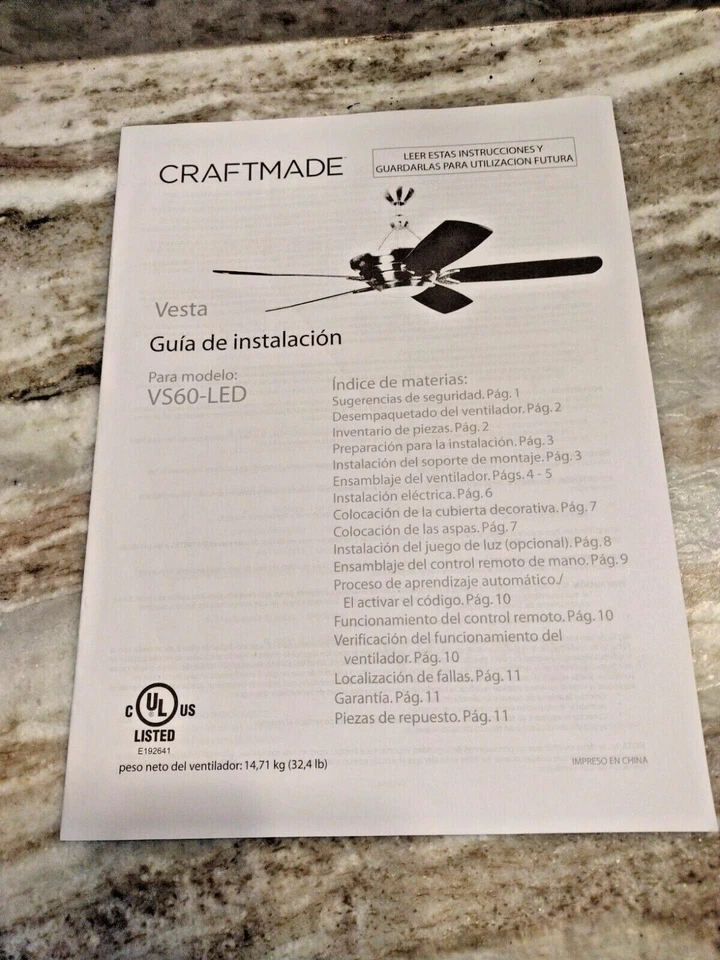Craftmade VS60-LED Vesta 60" Guia de instalacion MANUAL ONLY SPANISH VERSION - Image 2 of 4