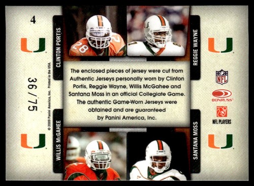 2009 Playoff NT College Materials Reggie Wayne/Portis/Moss/McGahee 36/75 #4 - Picture 2 of 2