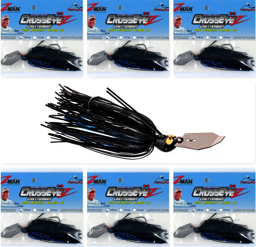 (6) Z-Man 3/8 Oz Crosseyez Chatterbait Fishing Lure Black Blue CBCE38-02  New
