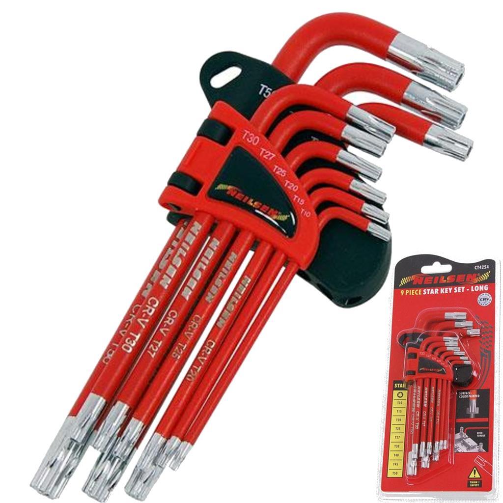 Neilsen 9pc Long Tamperproof Offset Star Torx Allen Key Set T10–T50