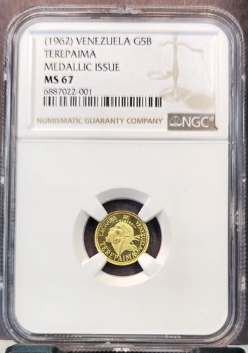 1962 VENEZUELA GOLD 5 BOLIVARES CHIEF TEREPAIMA NGC MS 67 RARE GEM TOP POP 1
