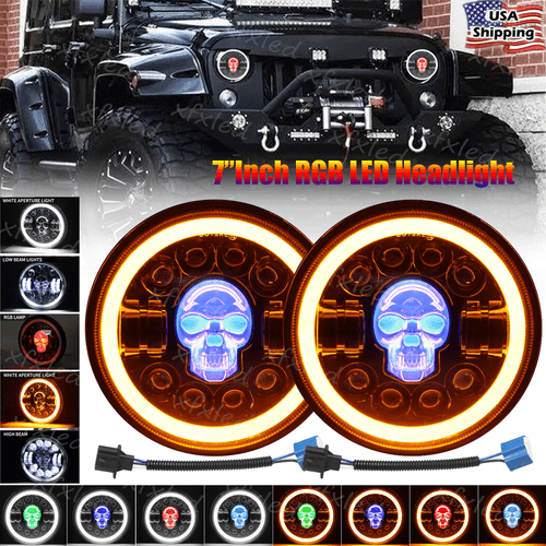 2x 7“ inch Round RGB Skull LED Headlights Halo DRL For Jeep Wrangler JK LJ TJ CJ - Picture 1 of 12