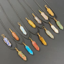 30pcs Gold Wound Crystal Natural Stone Hexagonal Column Pendant Necklace