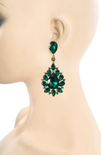 3.1/8" Long Linear Statement Clip On Evening Casual Chic Earring Green Crystals
