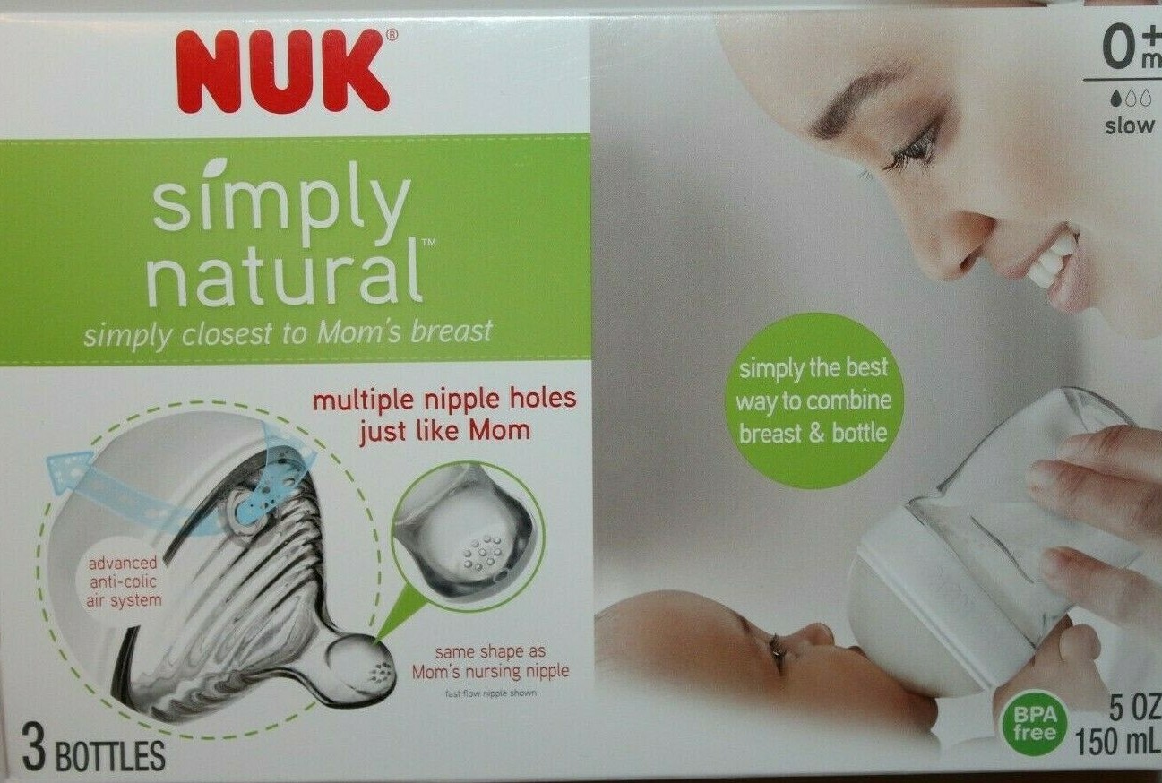 NUK Simply Natural 5 oz (150ml) 3 Baby Feeding Bottles 0+m Slow Flow 