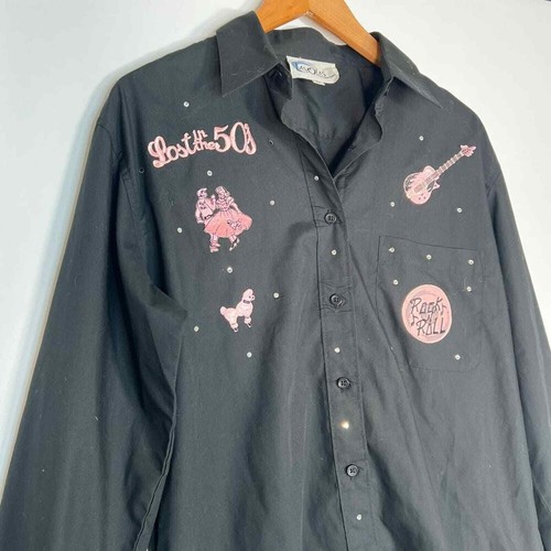 Las Olas Embroidered 50's Rock N' Roll Black Pink Button Down Shirt Rockabilly - Picture 3 of 13