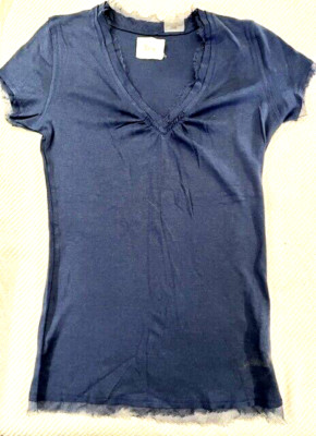 Linq Navy Silk Trim V-Neck Short Sleeve Knit T-Shirt Top Cotton Modal Small
