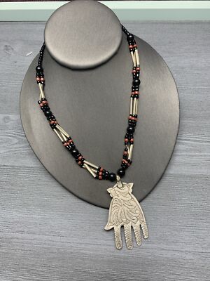 Vintage Silver Hand Pendant Black Beaded Boho Chain Necklace 16 