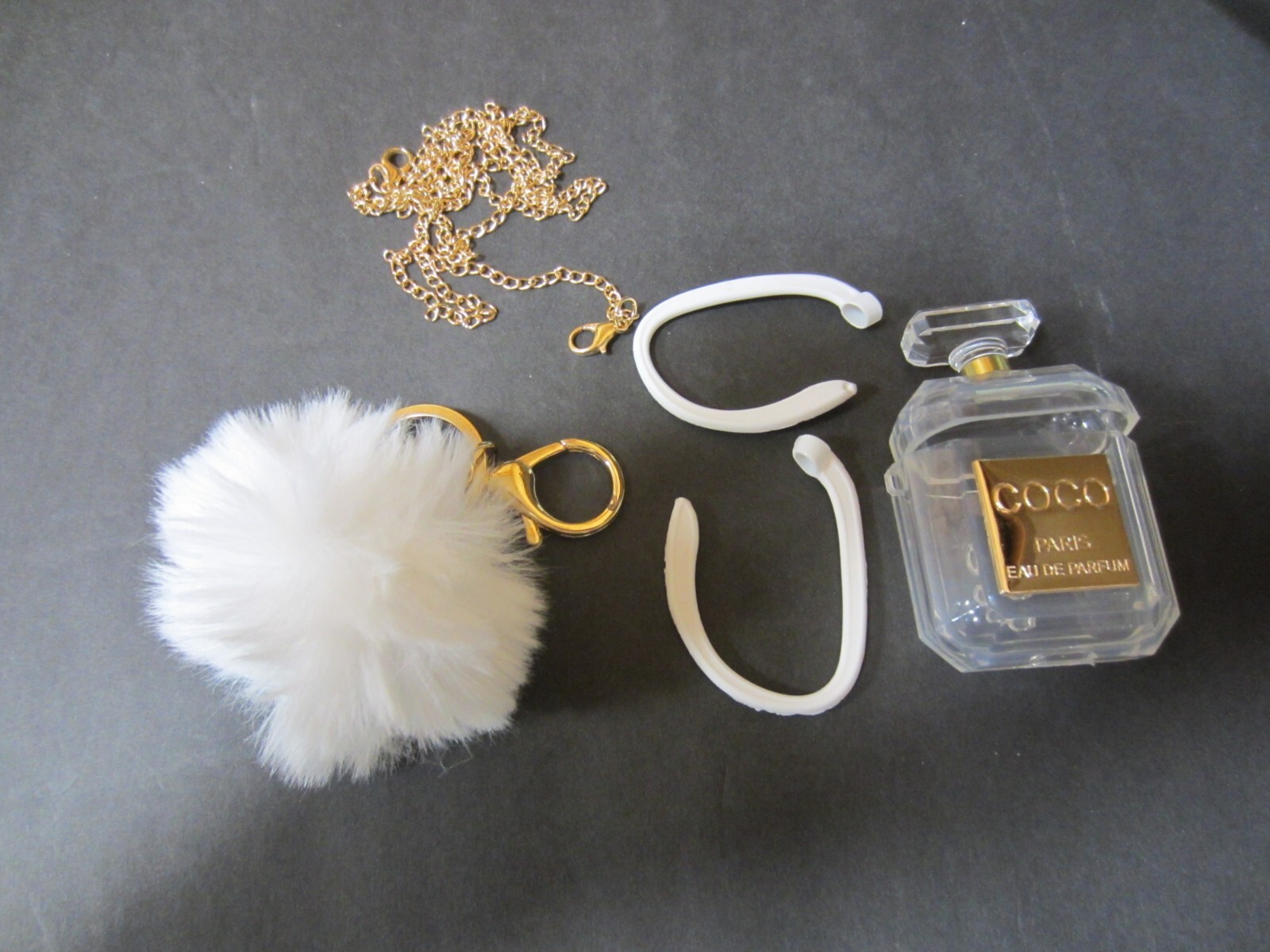 Airpods 1 & 2 Case Perfume Bottle Design With Keychain & Fur Ball Soft Silicone-image