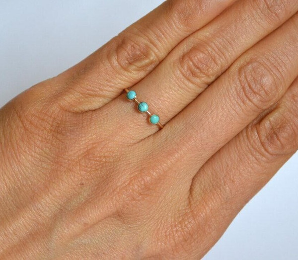 Alternate view of 14k Gold Plated Turquoise Three Stone Ring, 925 Sterling Silver Minimalist Ring