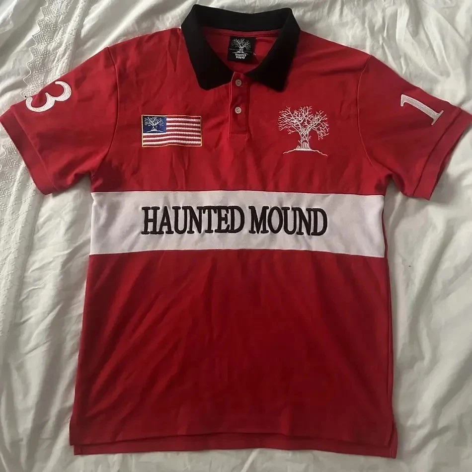 Haunted Mound Embroidered Red Polo Shirt Y2K Tshirt HipHop Retro Pumpkin Head
