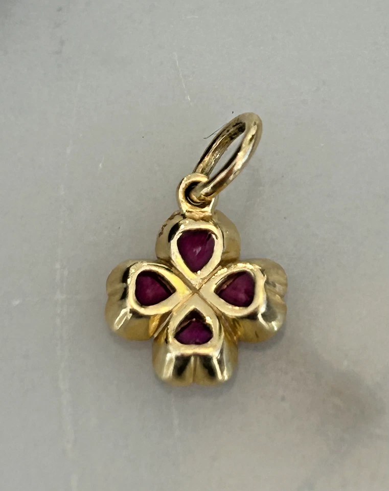 NEW 14 KARAT GOLD Art Deco Ruby mini four leaf clover charm14k chains available  - Image 4 of 4