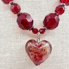 Vintage Silver Tone Red Faceted Bead Necklace Art Glass Heart Pendant Drop Boho