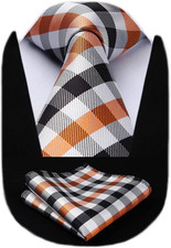 Mens Ties Plaid Tie and Pocket Square Set Classic B-orange  Black  White