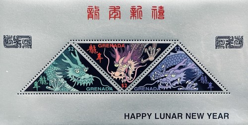 GRENADA YEAR OF THE DRAGON TRIANGLE SHAPED SILVER STAMPS MNH 2000 LUNAR NEW YEAR