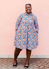 Zuri Fiddlesticks 3/4 Sleeve Kenya Dress Cotton Trapeze Pink Blue 2X Long Plus