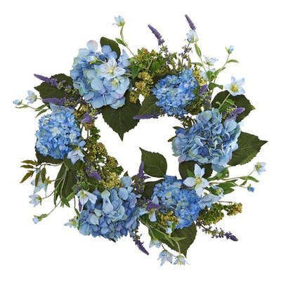 Nearly Natural 24'' Bright Blue Blooms Hydrangea Wreath with Vibrant Green Leaves