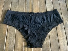 Vtg Small Black Lace Trimmed Silky Striped Bikini Hipster Panties