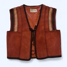 Vtg 70s Rust Suede Patchwork Vest Tie Front Crochet Whipstitch Boho Western S/M