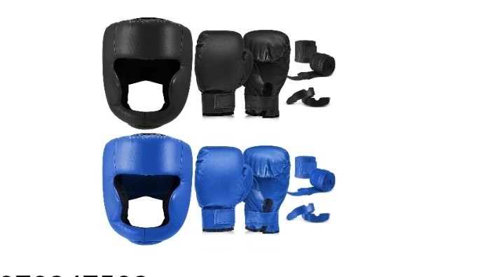 Boxing Headgear Set w/ Gloves & Hand Wraps, Adult Unisex Size L, Black/Blue