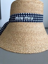 MIU MIU Straw Hat Check Ribbon embroided Logo Size L New without Tags JAPAN FS