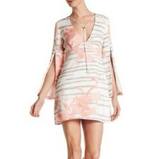 HALSTON HERITAGE Floral Dress White Pink Gray Stripe Size 6
