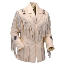Western Cowboy Jacket Real Suede Leather Fringe Bone Beads Native American Cream