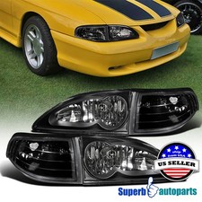 Fits 1994-1998 Ford Mustang Headlights W Corner Turn Signal Lamps Black