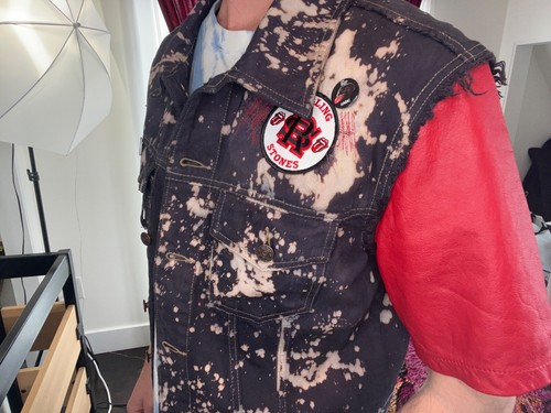 Rolling Stones - Red Leather & Tie Dyed Custom Denim Vest/Jacket - ONE OF A KIND - Picture 14 of 17