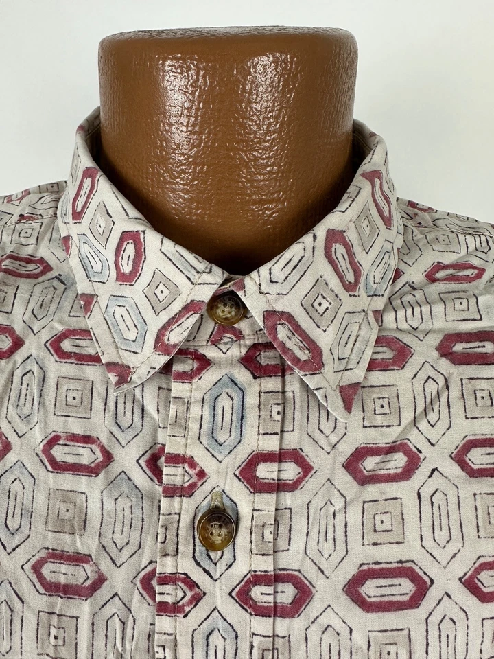 Vintage Orvis Shirt Men XL Geometric Hawaiian Hippie Button Down Beige Cotton - Image 4 of 4