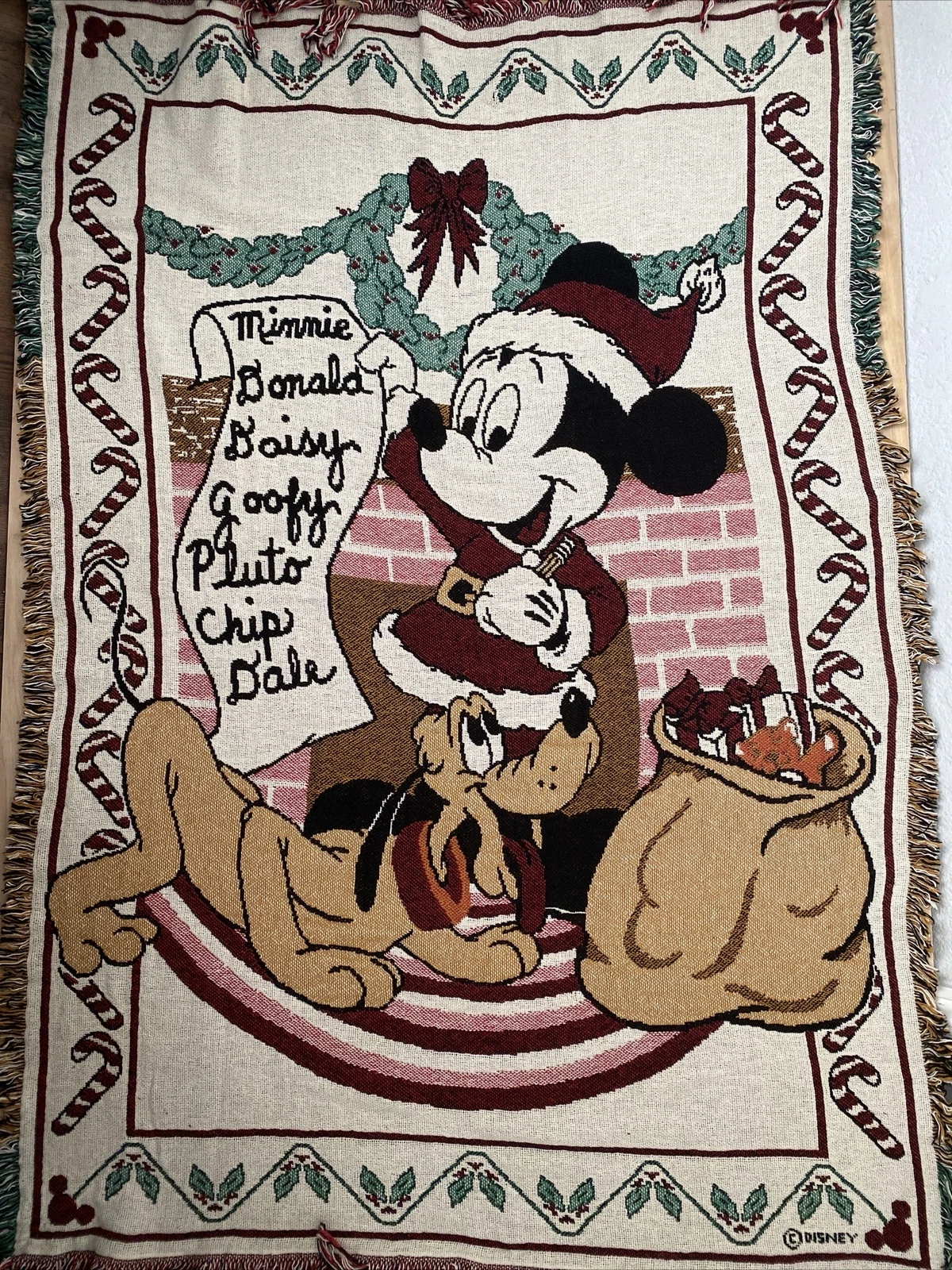 Disney Mickey Mouse Pluto Christmas Santa Woven Throw Blanket Tapestry 46x69”