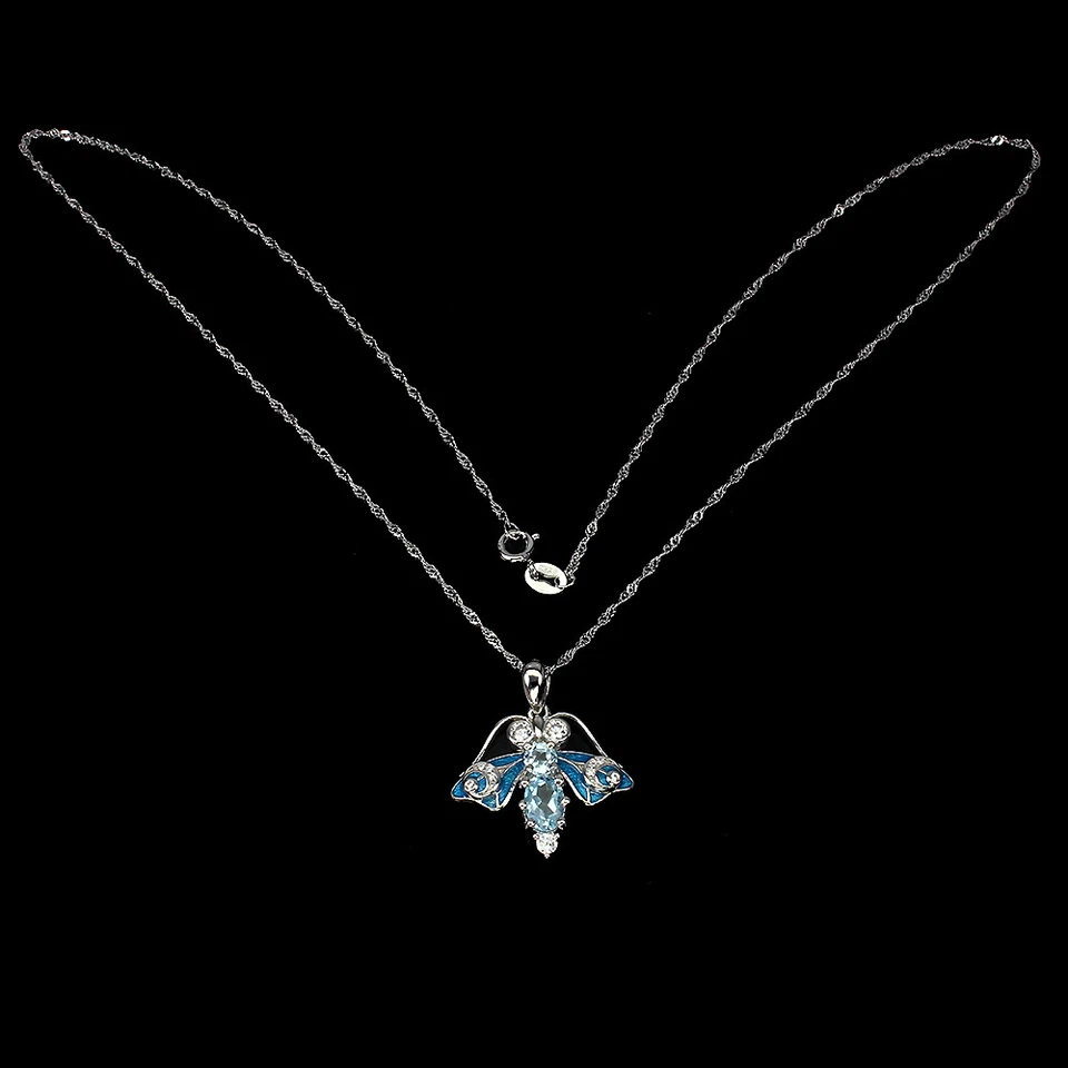 925 Sterling Silver Oval Blue Topaz 7x5mm Simulated Cz Bee Necklace - Image 3 of 4
