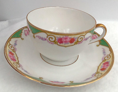 Bloch & Co Saucer Coffee TeaCup Handle Eichwald Czech Floral Green White Vtg