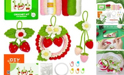  Crochet Kit for Beginners, Strawberry Car Mirror Hanging Accessories green