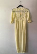 VTG 1970s Butter Yellow Boho Lace Maxi Nightgown Embroidered Small