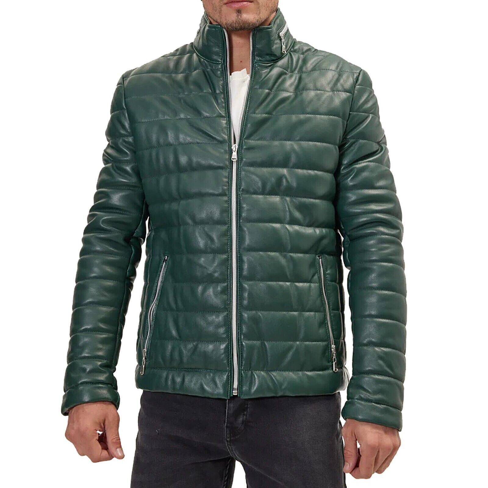Men's Dark Green Lambskin Puffer Leather Jacket with Zipper & Pocket MPJ10b