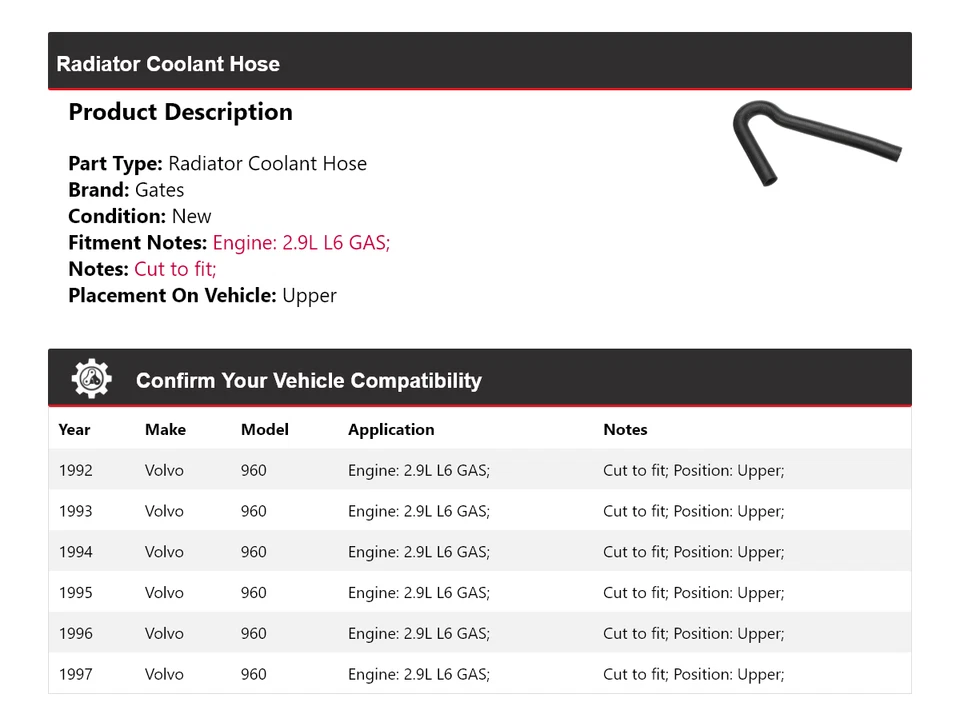 Manguera de refrigerante de radiador de gas 2,9 L L6 1992-1997 puertas superiores 1993 1994 Foto 2 de 4