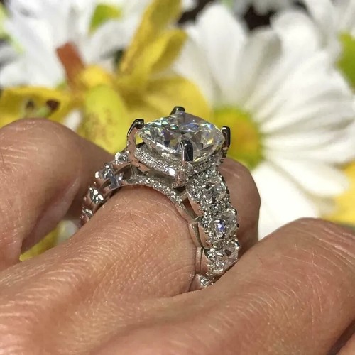 5Ct Cushion Cut Lab Created Diamond Wedding Engagement Ring 14K White Gold Over - Picture 3 of 5