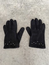 Vintage Gloves Black Rhinestone Beaded Wrist Length Wool Size 7.5